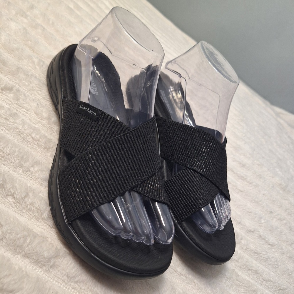 Skechers On The Go 600 Sandals Womens 7 Wide Black Stretch Goga Mat Comfort